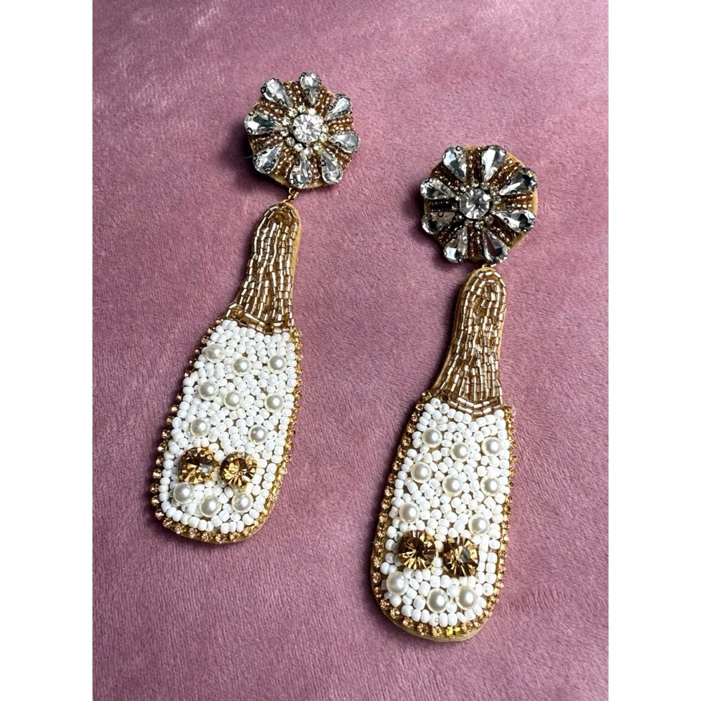 Champagne Bottle Beaded Rhinestone Dangle Earrings White Gold Costume Jewelry